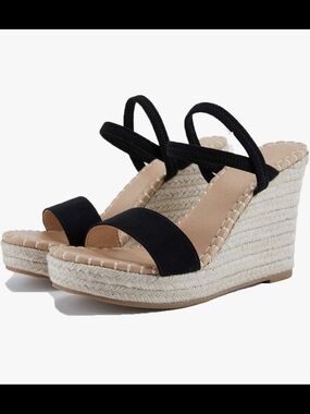 Black Espadrille Wedge Sandals - Women's Summer Slingback Wedges